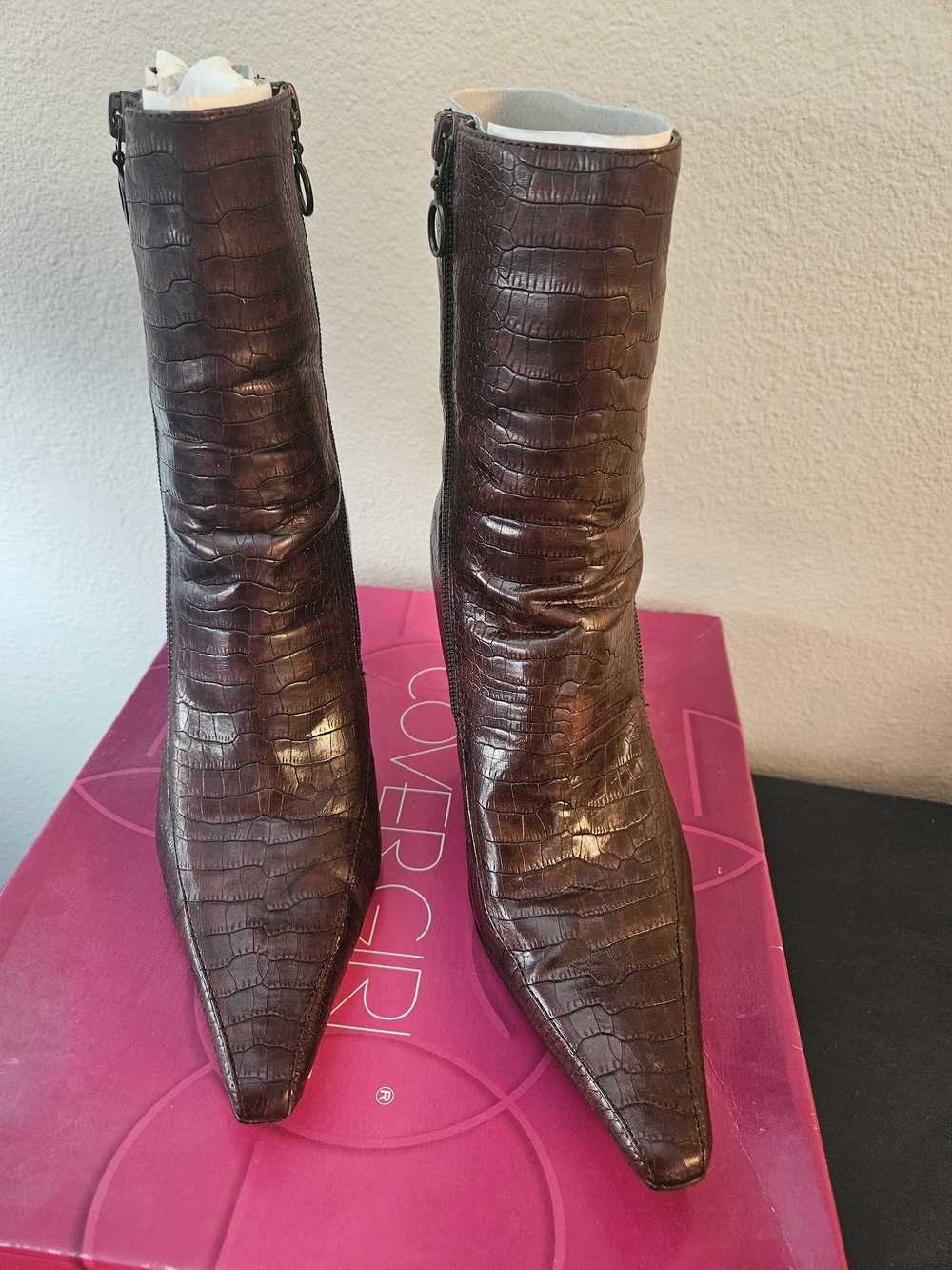 Brown Croc-Embossed Pointed Toe Women's Ankle Boots